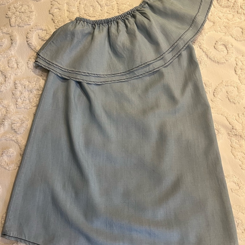 One-shoulder, chambray blue, light-weight summer dress
